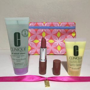 CLINIQUE Skin Care & Lipstick + Make Up Bag BUNDLE